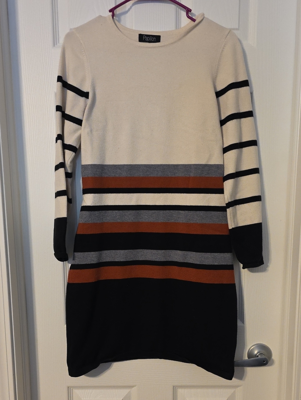 Papillon Blanc Cream, Black & Rust Striped Knit Midi Dress